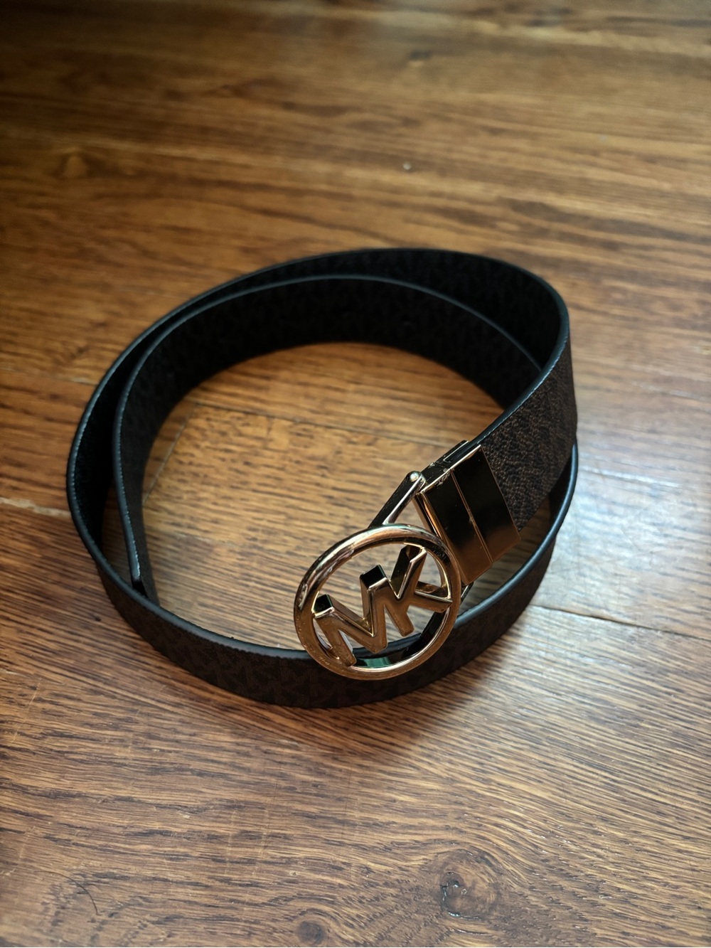 Michael Kors Black Monogram Belt with Gold MK Circle Buckle